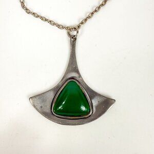 Corocraft Chrysoprase Silver Tone Necklace Modernist Brutalist Scandic Necklace